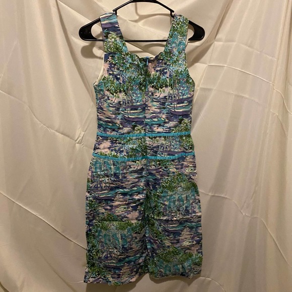 Rabbit Designs Watercolor Lake House Scenery Print Sheath Dress w/ Sash Green 6 - Picture 4 of 6